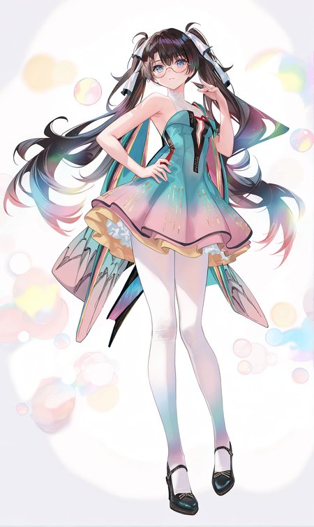 8k, best quality, masterpiece, (ultra-detailed), (high detailed skin), 
((artist:reoen),(artist:fuzichoco),(artist:atdan),(artist:torino_aqua),year 2024:0.8)1girl, 8k, masterpiece, best quality, colorful, detailed light, light leaks, sunlight, bokeh, blurry foreground, ray tracing, lens flare, cinematic lighting, 
full body, full shot, standing, looking at viewer, (solo:1.2), simple background, (white background:1.2), hand on own hip, white background, 
<lora:zhezhi-noob-Tanger:0.8>, zhezhi, default clothes, white pantyhose, 1girl, long hair, black hair, glasses, twintails, dress, black footwear, 
A full-body portrait of a young girl, standing gracefully, pastel art style, high-key lighting, shoujo manga influence, hd quality, delicate details,