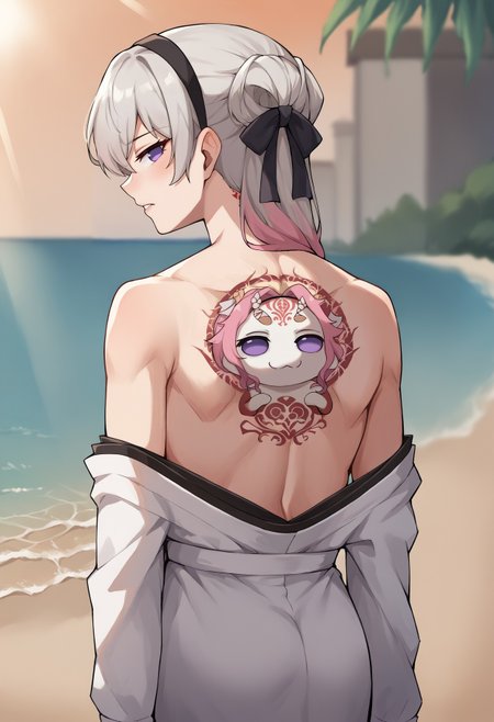 score_9, score_8_up, score_7_up, source_anime,
BREAK
outdoors,beach, sunset, sunrays, blurry background, 
BREAK
zeroElie, black hairband, hair ribbon, long hair, ascot, open kimono, from behind,back tattoo
BREAK
doro tattoo, back tattoo, creature, :3, pink hair, purple eyes, no humans, white skin, four legs, solid circle eyes, no pupils,
<lora:DragonTattoo:0.8>  <lora:elie-pdxl-nvwls-v1:0.8>  <lora:Doro_X_PDXL_V1:0.9>