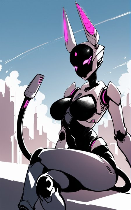 score_9, score_8_up, score_7_up,((best quality)), absurdres, <lora:BolivanteStyle:0.8>,  <lora:VZZPXL:0.8>,VZZPXL,pink eyes, no mouth, black skin, animal ears, mechanical ears, tail,robot,joints, robot joints, humanoid robot, mechanical tail, large breast, slim,city, sci-fi,sitting, crossed legs