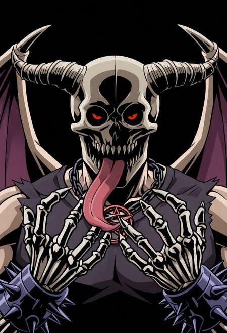 M4j0r4, anime coloring, (dark shading 1.4),chidaruma, portrait, face focus, close-up, 1boy, tongue out, demon wings, spiked bracelet, teeth, fingernails, pentagram, black background, skeletal hands, bold lines, high contrast, dramatic shadows, rough textures, strong comic book aesthetic, Black outline, thick outline,