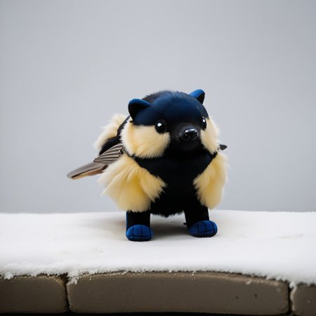 score_9, score_8_up, score_7_up, pikaole, no humans, animal focus, (great tit:1.05), fur, full body, solo, blurry background, (plush doll:0.8), cute, rating_safe, source_furry, pikaole, source_photorealistic