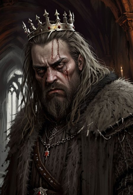 (horror-themed digital painting in jrst artstyle:1.2) about a mad king, close-up portrait, hair down, dirty, stubble beard, sad, depressed, tear, tattered noble outfit, crumbling palace interior, unsettling, terrifying, dark, spooky, suspenseful, grim, highly detailed