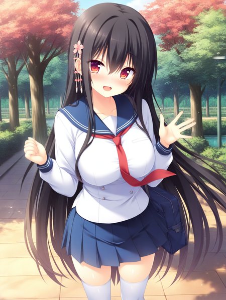 masterpiece,best quality,amazing quality,very aesthetic,absurdres,newest,scenery,<lora:Kotone_ilxl_v1-000010:0.8>,1girl,long hair,black hair,solo,hair ornament,red eyes,looking at viewer,blush,open mouth,sash,very long hair,breasts,kotone,smile,blush,school uniform, serafuku, waving, necktie, skirt, white thighhighs, standing,