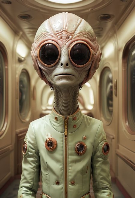A cute, happy alien in a spacesuit, surreal