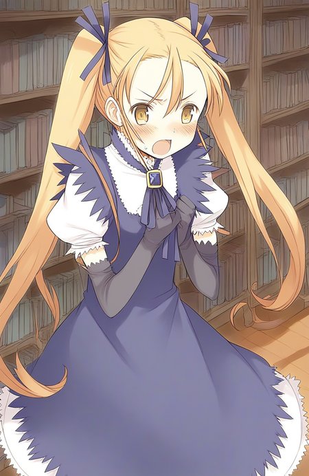score_9, score_8_up, score_7_up, source_anime, rating_explicit, BREAK  <lora:Aliese_Martini_Ver2.0_XL:1> aliese_martini, 1girl, solo, yellow eyes, gloves, blonde hair, elbow gloves, oekaki, dress, open mouth, ribbon, blush, anger, library, room,