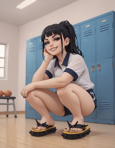 score_9, score_8_up, score_7_up, score_6_up, realistic,
squatting, 
1girl, goth, smug,
school gym uniform,
locker room,
sp1ke flip flops,
black toenail polish, black eyeliner,
embedding:zPDXLrl ,
embedding:zPDXL2 ,