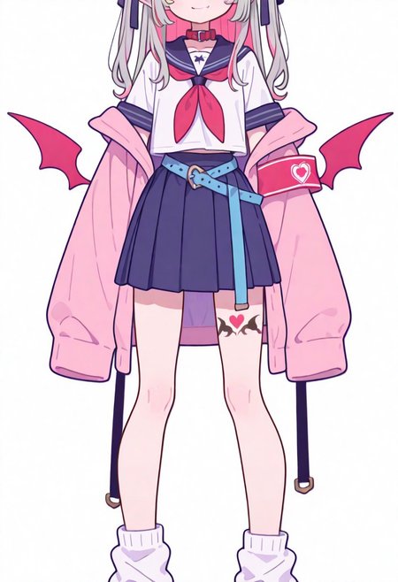 Flatline, Flat vector illustration, looking at viewer, full_body, 
niji-ririmu,flat chest,red eyes,long eyelashes,grey hair,streaked hair,multicolored hair,pink inner hair,pointy ears,fang,heart tattoo,tattoo around thigh,long hair,two side up,black hair ribbon,saggy hair ribbon,red wings,demon wings, 
niji-ririmucos1,serafuku,white shirt,short sleeves shirt,red neckerchief,midriff,blue belt,loose belt,blue skirt,miniskirt,pleats skirt,white socks,loose socks,red choker,red collar,pink jacket,off shoulder jacket,armband,long sleeves,sleeves past wrists,sleeves past fingers, 
slim, slender, fair skin, clear skin, beauty skin, smooth skin, shiny skin, beautiful legs, long legs, 
from front, front view, straight-on, look at viewer, standing, (legs apart:1.4), 
white background,