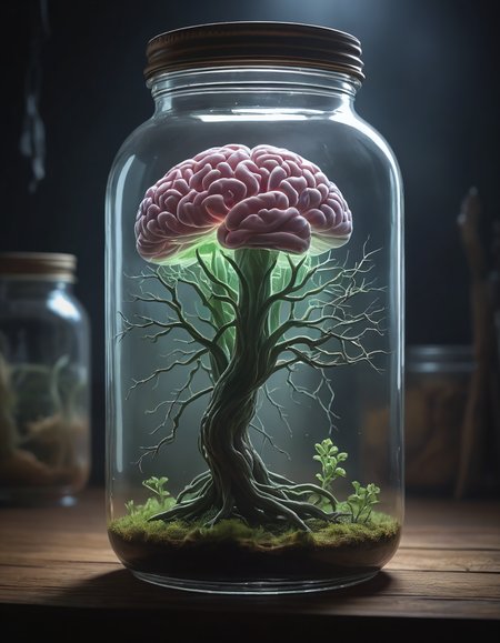 role-playing game (RPG) style fantasy a human brain growing in a glass jar in a workshop, jar full of a dull transluscent liquid, realistic natural brain, lid on jar, volumetric lighting and mist effects to enhance the mystical atmosphere, lightning in jar, stunningly beautiful, crisp, detailed, ultramodern, high contrast, cinematic, . detailed, vibrant, immersive, reminiscent of high fantasy RPG games