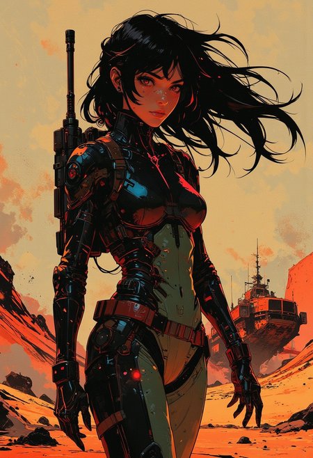 in the style of ck-mgs, nistyle, Inkplash art on rice paper, sepia, henna, Silhouette Art, magnificent, inksplash closeup portrait of a female bounty hunter, flowing black hair, reflective black and neon red armor, futuristic armor, a rifle strapped to her back, holding a pistol, abstract background suggesting a landed spaceship on a desert world, 
Cowboy Shot, getting off of her ship, walking down ship's ramp,