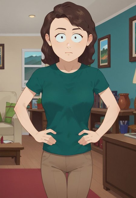 Score_9_up, score_8_up, score_7_up, BREAK, 1girl, solo, kellysp, green shirt, brown hair, brown pants, hands on hip, looking at viewer, closed mouth, living room, Expressiveh