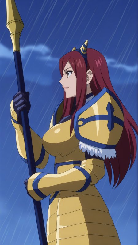 masterpiece, best quality, very aesthetic, absurdres, BREAK, 1girl, looking away, cowboy shot, 
<lora:Giant_Erza_Illu_Dwnsty:0.8>, erz_giant, brown eyes, red hair, long hair, hairband, fake horns, armored dress, gold armor, black gloves, fur trim, gauntlets, pauldrons, breastplate, shoulder armor, 
large breasts, lips, light smile, 
from side, outdoors, cloudy sky, rain, holding polearm, throwing, hand up,