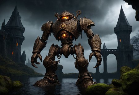 giant bipedal robot dirty TAN and dark amber, bronze paisley robot. lacy robot armored
 head. outside of a steampunk keep. large detailed torso. dark image. one forty foot tall ancient robot with great arms and two heavy spring legs. dark foggy night background. $dark foggy night image only. dark photo realistic image. steampunk details. cogs, chains and pipes incorporated in the fantasy buildings. magic wizards tower in background. Dark swamp, moss, castle ruins, wizards tower. stormy dark night.  stormy sky.