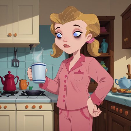 score_9, score_8_up, score_7_up, 1girl, solo,
pale-skin, light blue eyes, medium-length blonde hair, pigtails with pink hair ties, pink pajamas, 
 perfect hands, show accurate, perfect anatomy, med body,
indoors, small perky breasts, kitchen, hand on hip, loose clothing, holding a cup of coffee in hand, sleepy eyes, bags under eyes, loose clothes,