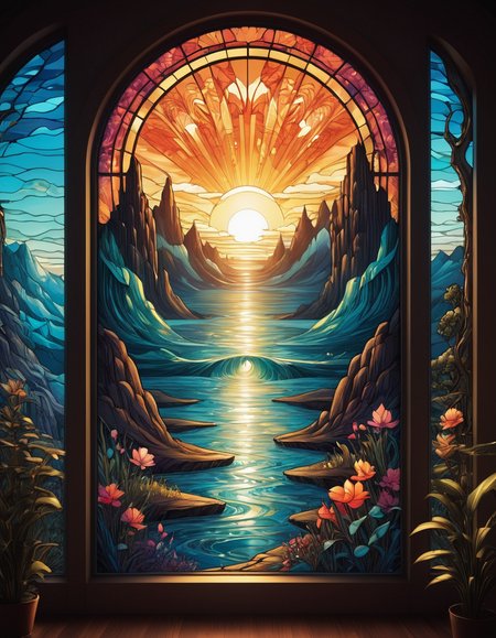Stained glass style <lora:CivitAI__Style_Fusion_-_FFusionAI_Entry_64DIM:0.8>, CivitAI Fusion Style, Velvia, Dan Mumford, Tomasz Alen Kopera, mochi of Bugatti, smooth, Princesscore, Naturecore, 60s Kitsch and Psychedelia, decal art . Vibrant, beautiful, translucent, intricate, detailed