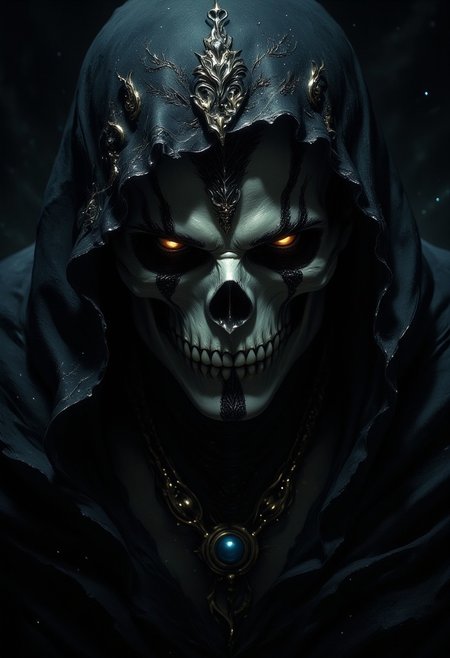 masterpiece, high detail, ArsMJStyle, dnddarkestfantasy, masterpiece, closeup portrait of death, skull with faintly glowing eyes, black hooded robes, scythe, chiascuro, dark background. highest definition, HD32K, wallpaper, hyperdetailed, concept art, extreme closeup