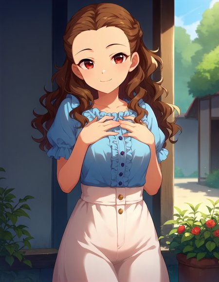 score_9,score_8_up,score_7_up,1girl,solo,cowboy shot,looking at viewer,smile,closed mouth,hands on own chest,outdoors,
<lora:sekihiromi_ponyXLV6:0.8>,cgskh,
brown hair,long hair,wavy hair,forehead,red eyes,
blue blouse