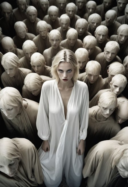 (Soft Lighting Photography by Mimoza Veliu and Mario Giacomelli:1.2), NSFW, 
fine art photo inspired by Roger Ballen depicts a blonde woman dressed in white attire is lost in a crowded nightmarish labyrinthine maze. sexy, dynamic poses,looking at viewers