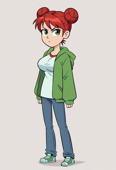 score_9, score_8_up, score_7_up, (low depth of field:1.2), Expressiveh, pureerosface_v1, drawn in the style of summertime saga, high contrast, master piece, detailed face, high quality, simple white background, blank background, full body portrait,
BREAK
1girl, suspicious glare, standing, full body, red hair, loose double bun, big breasts, tight white tank top, open green zip-up hoodie, tight black jeans, green eyes.  suspicious expression, pale skin, hot, hip, young House Mother.