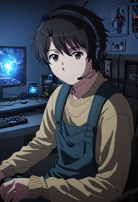 high resolution, solo, best quality, 1Boy, Inaho Kaizuka, Black Hair, Brown Eyes, gamer, bedroom, night, pc, sit, headset, potrait, OverallDetail