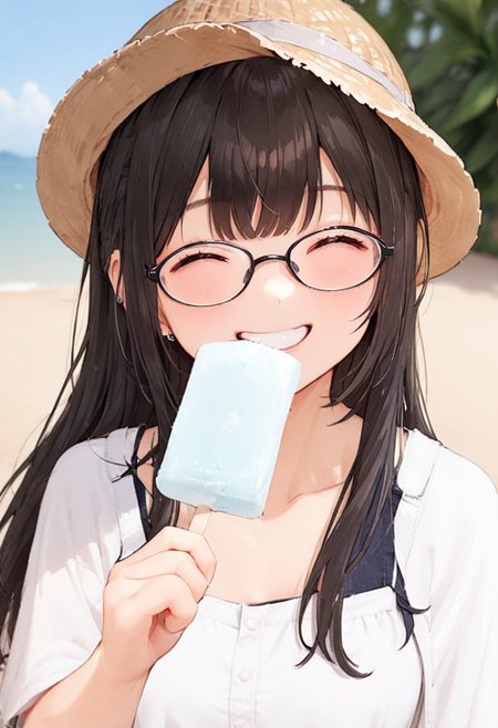 masterpiece, best quality, very aesthetic, absurdres,
garigarikun, 1girl, solo, glasses, straw hat, sundress, black hair, long hair, holding food, holding, happy, smile, food, eating, upper body, blurry background, 
 <lora:garigarikun_SDXL_V1:1>