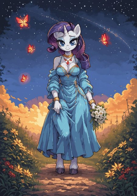 <lora:d3p1x3lXLP:1> d3p1x3l, pixel art, score_9, score_8_up, score_7_up, source_pixel, screencap, solo BREAK 1girl, Rarity, anthro, unicorn, Rarity, breasts, hourglass body, tail BREAK (holding bouquet flower:1.3), shy smile, hooves, blue dress, jewelry, (red ruby ​​necklace) BREAK spring, nature, forest in the distance, sunset, tall grass, (night), (starry sky:1.3), (glowing butterflies:1.3) BREAK sharp focus, perfect lighting, anatomically correct, extremely detailed, high detail, detailed background, OverallDetail, zPDXL3
