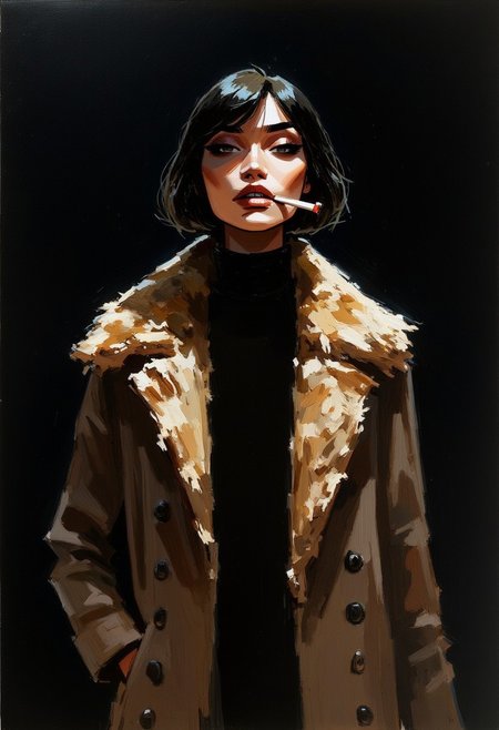 oil painting portrait rendered in a loose, impressionistic style with thick, expressive brush strokes. It depicts a black haired woman smoking wearing a fur coat. the background is black, and she is covered in darkness. close-up.