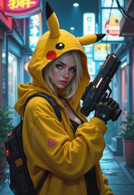 OBxiaoxiang, A digital painting in the style of ck-js,  closeup side-portrait of a stunning chinese cyberpunk woman, wearing a pikachu hoodie, blonde hair peeking our from the hood, holding a futuristic blaster pistol, on a neon-lit cyberpunk alley