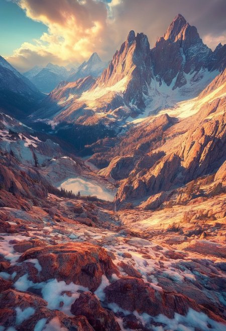 alpine-psychedelic vista, crystalline granite peaks, fractal snow patterns, volumetric light beams, monochromatic reality dissolving into sacred geometry psychedelic ansel adams in color,  harmony, serenity,, best quality, photorealistic, extremely sharp focus, light leaks, unusual colors, abstract multilayer texture, by Abigail Larson , detailmaximizer, midjourneyv6.1,  In the foreground a beautiful young woman looks out over the vista sillouhetted by the scene.