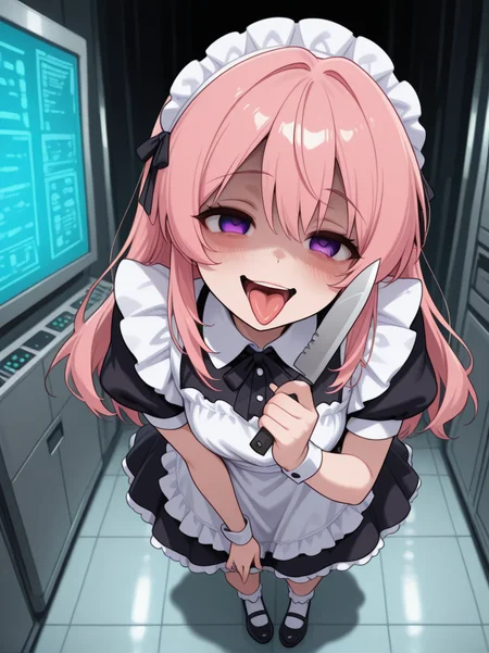 high quality,  full body, <lora:CivChan:1> civchan, yandere,  server, tongue out, holding knife,
