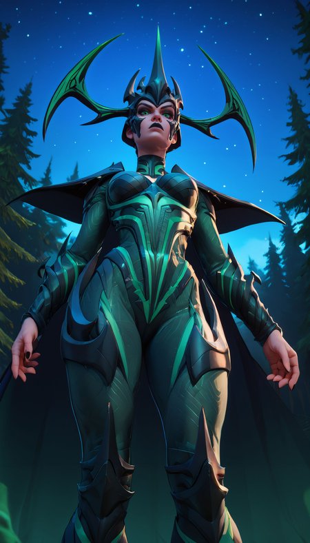 zPDXL3,  <lora:helaMR:.7>,<lora:LunarCAT_Style:.8>
helamr, woman, green eyes, makeup, black lipstick, horned helmet, green bodysuit,armor,spiked,shoulder pads,black cape, looking at viewer, serious, standing, from below, outside, forest, night time, starry sky,