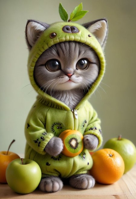 An award winning photo , a cute little baby cat,sitting around in a kiwi costume, (fruit) , (((cuteness overload))) <lora:add-detail-xl:1>,  <lora:WowifierXL-V2:1>, zhibi