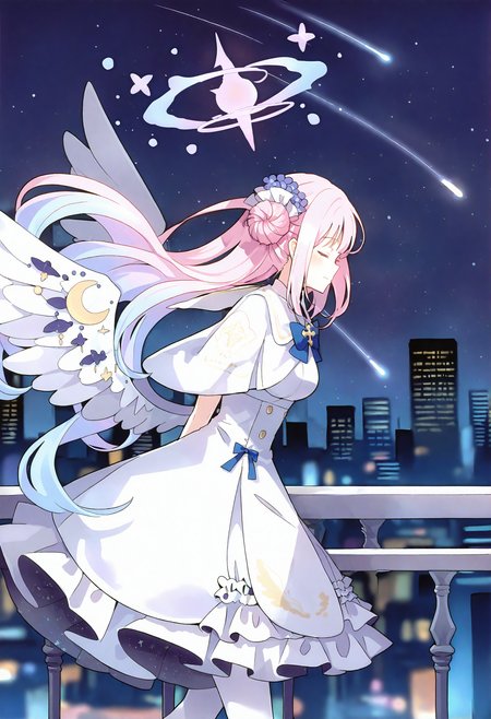 1girl, mika \(blue archive\), 
pink hair, wings, dress, white dress, solo, halo, white wings, hair bun, long hair, night, low wings, capelet, closed eyes, sky, night sky, star \(sky\), feathered wings, white capelet, single side bun, starry sky, flower, building, hair ornament, breasts, angel wings, outdoors, wing ornament, arms behind back, closed mouth, hair flower, white pantyhose, railing, pink halo, cityscape, blue bow, medium breasts, bow, profile, purple flower, skyscraper, pantyhose, frills, blue bowtie, city, very long hair, frilled dress, bowtie, from side, shooting star, starry sky print, very awa hito \(meme\),
masterpiece, best quality, newest, absurdres, highres, safe
 <lora:Dhiea1_noob1.1-000177:1>