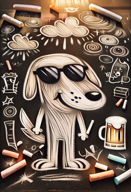 ch4lkdr4w, chalk drawing, highly-detailed, best quality, masterpiece,  very aesthetic, 1boy, solo, furry, dog, sunglasses, beer, chalk, black background