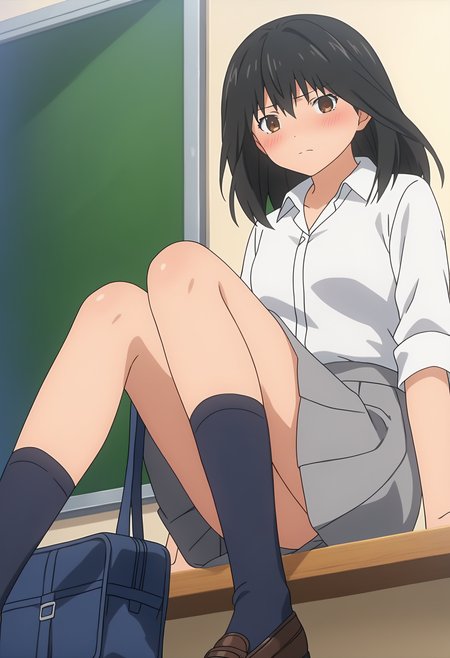 score_9, score_8_up, score_7_up, source_anime, 
BREAK
1girl, solo, anime screencap, anime coloring, 
<lora:shiMisakiV1:1.0> misdef, black hair, brown eyes, long hair, 
white shirt, collared shirt, dress shirt, 
school uniform,  grey skirt, 
black socks,
looking at viewer, closed mouth, blush,
