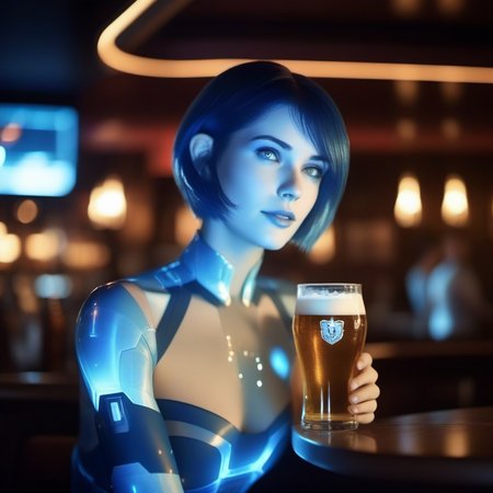cinematic photo 1girl, short hair, blue skin, science fiction, hologram, having a beer in a pub  <lora:Cortana1024:0.8> . 35mm photograph, film, bokeh, professional, 4k, highly detailed