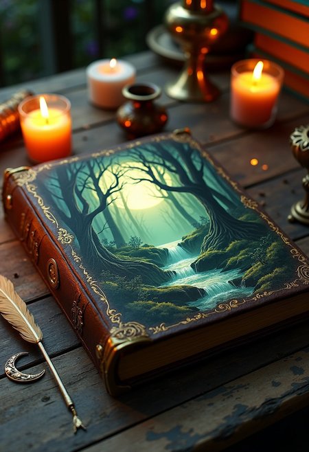 Depict an ancient, mystical book resting on a weathered wooden table in a dimly lit, magical setting. The book’s aged, cracked leather cover features a vivid illustration of a dark, enchanted forest. The forest is bathed in pale moonlight, its gnarled, leafless trees stretching their roots over a mossy forest floor. A winding stream cascades through the scene, forming miniature waterfalls that glisten in the ethereal light. The artwork appears seamlessly embedded into the book’s leather, as if enchanted.
Surrounding the book are atmospheric details: a few melted candles in ornate brass holders cast a warm, flickering glow, their light illuminating a delicate silver crescent moon amulet and a tarnished crucifix nearby. A quill and inkwell sit alongside aged scrolls and weathered tomes, their faded gold lettering hinting at centuries of knowledge. The table is rich with textures, its surface scattered with dust and faint scratches.
In the background, soft-focus silhouettes of other magical artifacts and books hint at a scholar or mage’s workspace. The color palette balances moody greens and browns with the warm golden glow of candlelight and the silvery sheen of moonlight. The scene exudes mystery and timeless enchantment, inviting viewers to imagine the secrets hidden within the tome’s pages.
