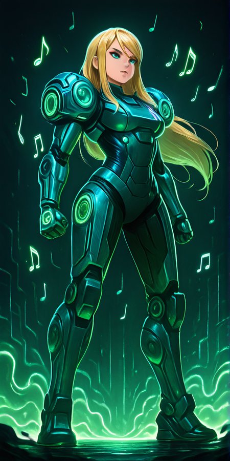 masterpiece, best quality,   AdFF, power armor, green theme, samus aran, long hair, blonde hair, 1girl, solo, (music notes), mecha, solo, dynamic pose, foreshortening,    <lora:AudioFileFuture_IXL_v1:1.0>,