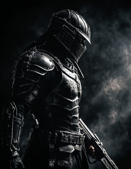 Dark, foreboding figure in full battle gear, with shadows playing across their face, in a realistic environment.
Side profile shot, showing the armor and the figureâs stance.
Fine detail enhancement, Ultra-high contrast, Realistic depth of field