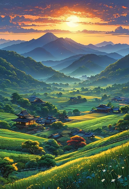 A captivating night scene illustration the Japanese Countryside This enchanting artwork captures a serene and peaceful early morning, where the sun is just starting to rise over the beautiful hills and, creating a cinematic experience 
 illustration, cinematic
<lora:DonM3t3rn1tyXL-v1.1:0.7>, DonM3t3rn1tyXL,
OverallDetailXL  <lora:MJ52:0.3>  <lora:SDXLFaeTastic2400:0.4>  <lora:EpicF4nta5yXL:0.7>