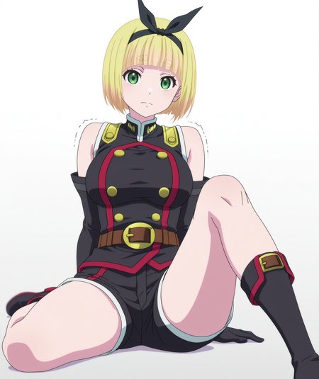 official art, absurdres, highres, anime coloring, hi res, best quality, masterpiece, 2d, intricate details, 4k,
1girl, solo, long hair, short hair, bangs, blunt bangs, blonde hair, green eyes, hairband, black hairband, 
breasts, medium breasts, double-breasted, gloves, shorts, sleeveless, black gloves, elbow gloves, belt, black shorts, buttons, 
full body, looking at viewer, wariza, trembling, spread legs, m legs, 
depth of field, white background, gradient background, mato seihei no slave, shushu suruga, <lora:Shushu_Suruga_ILXL:1>,