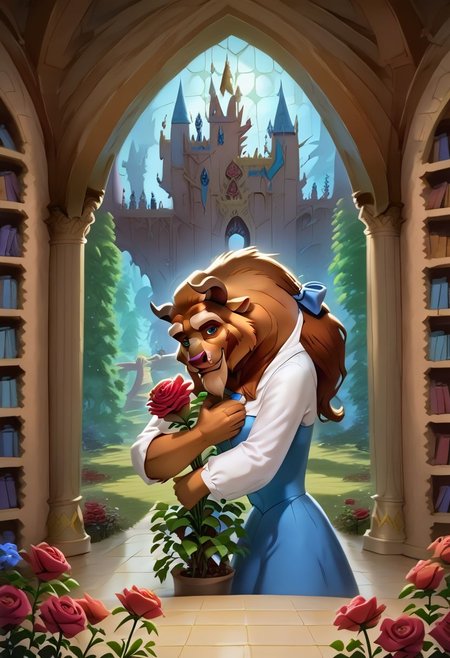 score_9, score_8_up, score_7_up, score_6_up, Belle, blue dress, white shirt, white long sleeves, long hair, ponytail, bow, 1girl, small breasts, stiff breasts, hourglass figure, lustful gaze, looking at the viewer, square neckline, background of large library, inside a castle, standing in the center of the castle library, hugging TheBeast, abandoned castle, castle covered in dust, face turned towards TheBeast, Thebeast dressed as a prince, holding flowers, holding a large dark red rose,