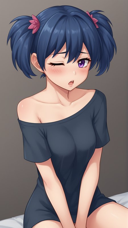 score_9, score_8_up, score_7_up, BREAK source_anime, best quality, masterpiece, ultra detailed,
<lora:Everlasting_Summer_Alena_By_GraffMetal:0.8>, alena, purple eyes, short hair, blue hair, twintails, hair ornament, short twintails, 1girl, solo,
blush, 
black eyeliner cat eye, piink lips, black short nails, 
;o, bare shoulders, off shoulder, one eye closed, open mouth, rubbing eyes, black shirt, black t-shirt, wiping tears, cozy, sleepy,