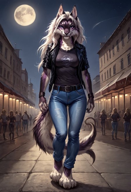 score_9, score_8_up, score_7_up,  ng_deepnegative_v1_75t, by reallynxgirl,  female, ((((anthro)))), 1girl, furry_female, solo, furry, animal_ears, tail, moon, night, purple_eyes, long_hair, medium breasts, smile, animal paws, pawpads, outdoors, claws, looking_at_viewer, snout, cinematic lighting, anime style,  standing, black t-shirt, black leather biker jacket, blue jeans, black belt, silver buckle, 2D, frontal,  front view, detailed background, night, city, empty city, empty street, narrow street, dim lighting