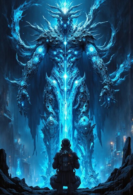 Bosstyle, closeup of a man kneeling in front of a Monster Boss resembling an ethereal three-eyed raven, max details, midjourneyv 6.1