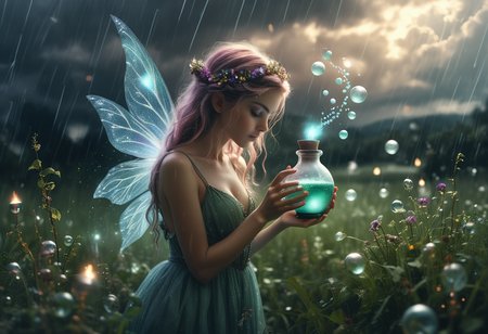 (medium full shot) of (long shot , back view) of enchanted fairy creating a potion, detailed face, located in a magical scene at a enchanted meadow during afternoon with stormy weather, illuminated by sparkling orbs, creating a majestic atmosphere, ,Masterpiece,best quality, raw photo, realistic, very aesthetic