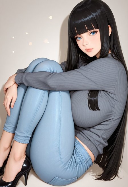(masterpiece:1.3), (best quality:1.3), (ultra-detailed:1.3), very aesthetic, absurdres, newest, 8K, depth of field, focused subject, high resolution, ultra sharp, depth of field, volumetric lighting, 
BREAK,
source_anime, 1 girl, (long hair: 1.4), hime cut, black hair, fair skin, blue eyes, focus on face, sweater, jeans, sitting, hugging legs, knees raised, sideways, looking at viewer, plain background, cute, huge breasts, high heels, bokeh, spotlight, studio_lighting, professional photography,