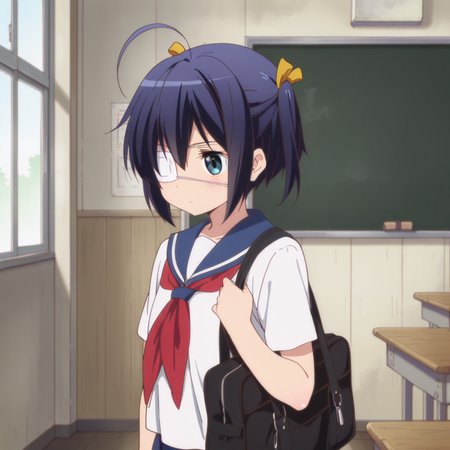 masterpiece, best quality, amazing quality,1girl, solo, love_chunibyo_other_delusions_takanashi_rikka, school uniform, short hair, ahoge, serafuku, bag, blue eyes, black hair, twintails, one side up, blue hair, classroom, <lora:Takanashi_Rikka:0.7>