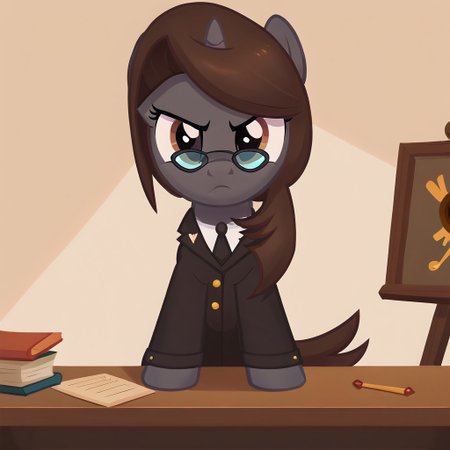 masterpiece, perfect detail, best high quality, source_pony, show accurate, cute, 1girl, solo, female, oc:sonata, glasses, attorney suit, badge on collar, pony, courtroom, defense stand, standing, standing behind desk, front hooves on desk, standing against desk, frown, scenic painting in background, closed mouth, determined look, beautiful, looking offscreen, score_9, score_8_up, score_7_up, score_6_up, score_5_up, score_4_up
