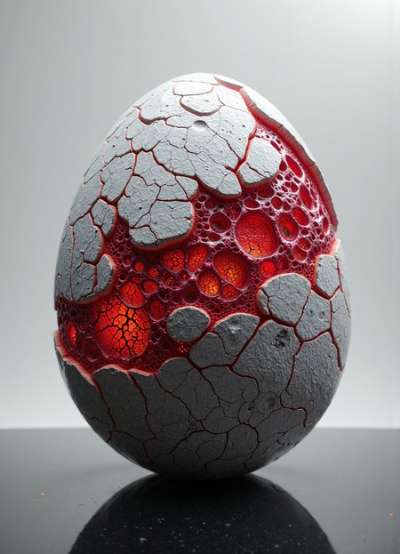 cinematic photo Capture a highly stylized and surreal still life featuring a large, flawlessly smooth, and egg-shaped object, reminiscent of a precious stone or a futuristic artifact, resting on a perfectly reflective, seamless surface, evoking a sense of sterile elegance and otherworldly beauty. The egg's base coloration should be a complex, mottled grey, incorporating subtle variations in tone and texture, suggesting a natural, geological origin yet possessing an almost manufactured precision in its form. This grey surface should appear subtly granular under close inspection, hinting at the intricate mineral composition beneath the polished exterior, and it needs to catch the light in a way that emphasizes the roundness and perfection of the shape. 
Upon the upper portion of this egg-like form, meticulously render a network of vibrant, crimson-red, branching structures, resembling delicate coral, intricate veins, or perhaps a map of an unknown landscape. This red network should not appear painted or applied, but rather organically grown from the surface, seemingly fused with the grey stone, creating a striking juxtaposition of textures and colors. The crimson structures should be sharply defined, with fine details and a translucent quality, allowing subtle light to filter through, hinting at an internal complexity. The red should exhibit a slight sheen, creating a captivating interplay of light and shadow, and contributing to the overall sense of mystery.
The lighting should be soft and diffused, minimizing harsh shadows and highlighting the subtle textures of both the grey stone and the red network. A single, strategically placed light source should emphasize the egg's form and the intricate details of the red structures. The background should be a clean, neutral grey, allowing the egg to be the clear focal point of the image, while also echoing the color palette. The composition should be centered, conveying a sense of balance and harmony, while the close-up perspective will draw the viewer into the intricate details of the subject. 
The final image should possess a feeling of quiet contemplation, inviting the viewer to ponder the relationship between nature and artifice, the organic and the synthetic, the beauty of imperfection and the allure of the unknown. The overall aesthetic should be a blend of photorealism and surrealism, creating an image that is both visually stunning and intellectually stimulating. Consider a shallow depth of field to further isolate the egg and blur the background, enhancing the sense of isolation and mystery surrounding the subject. The final result should be a photograph that feels both familiar and utterly alien, a testament to the power of visual storytelling. . 35mm photograph, film, bokeh, professional, 4k, highly detailed