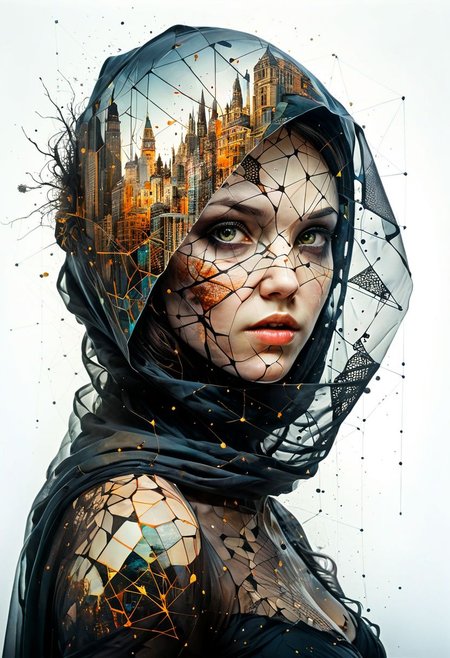 mysterious silhouette woman with veil, by Minjae Lee, Carne Griffiths, Emily Kell, Steve McCurry, Geoffroy Thoorens, Aaron Horkey, Jordan Grimmer, Greg Rutkowski, amazing depth, double exposure, surreal, geometric patterns, intricately detailed, bokeh,  perfect balanced, deep fine borders, artistic photorealism , smooth,  great masterwork by head of prompt engineering   <lora:add-detail-xl:2>  <lora:Double_Exposure:0.5>  <lora:hyperkraximalism_v1-1:0.3>